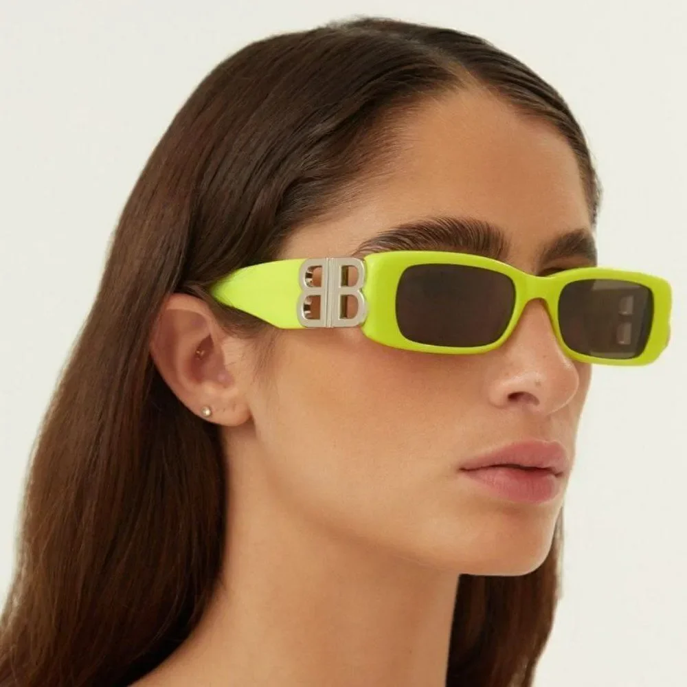 NEW Balenciaga  BB0096S 008 Yellow Silver Logo Grey Square Unisex Sunglasses